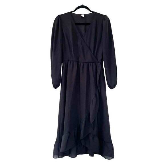 Old Navy Black Waist Defined Ruffle-Trim Faux-Wrap Georgette Midi Dress - Picture 1 of 9